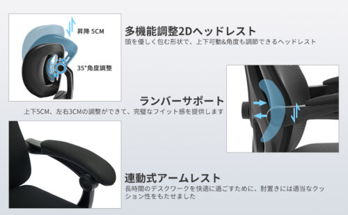 オフィスチェア デスクチェア 人間工学 ハイバック メッシュ フットレスト ヘッドレスト リクライニング パソコンチェア ワークチェア 椅子 リクライニングチェア テレワーク アームレスト 肘付き 疲れない ゲーミング 勉強 事務用 ブラック - 画像 (10)