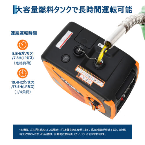 インバーター発電機 LPガス／ガソリン両用発電機 3way 最大出力4200W リモコン／キャスター付 家庭用発電機 GR3800iE - 画像 (4)
