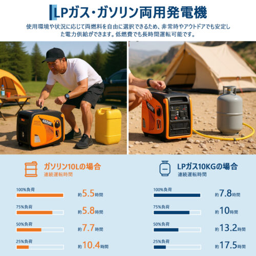 インバーター発電機 LPガス／ガソリン両用発電機 3way 最大出力4200W リモコン／キャスター付 家庭用発電機 GR3800iE - 画像 (2)