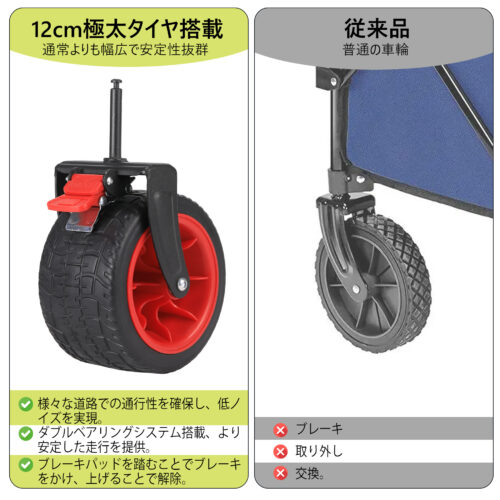 アウトドアワゴン キャリーカート キャリーワゴン 折りたたみ 大容量 ストッパー付 カート アウトドアカート 持ち運び 台車 キャンプ - 画像 (5)