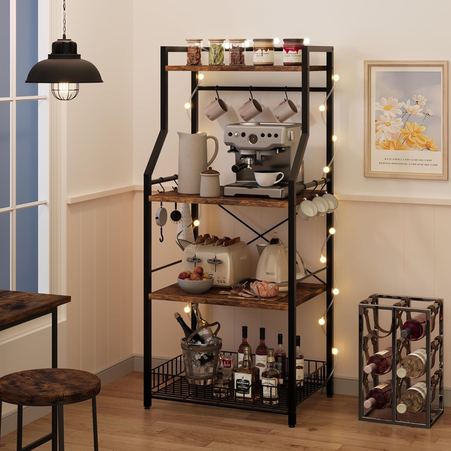 レンジラック キッチンラック 幅60 レンジ台 ラック 4段 食器棚 省スペース 高耐荷 大型レンジ対応 8個S字フック付き アジャスター付き 四面保護ネット付き - 画像 (9)