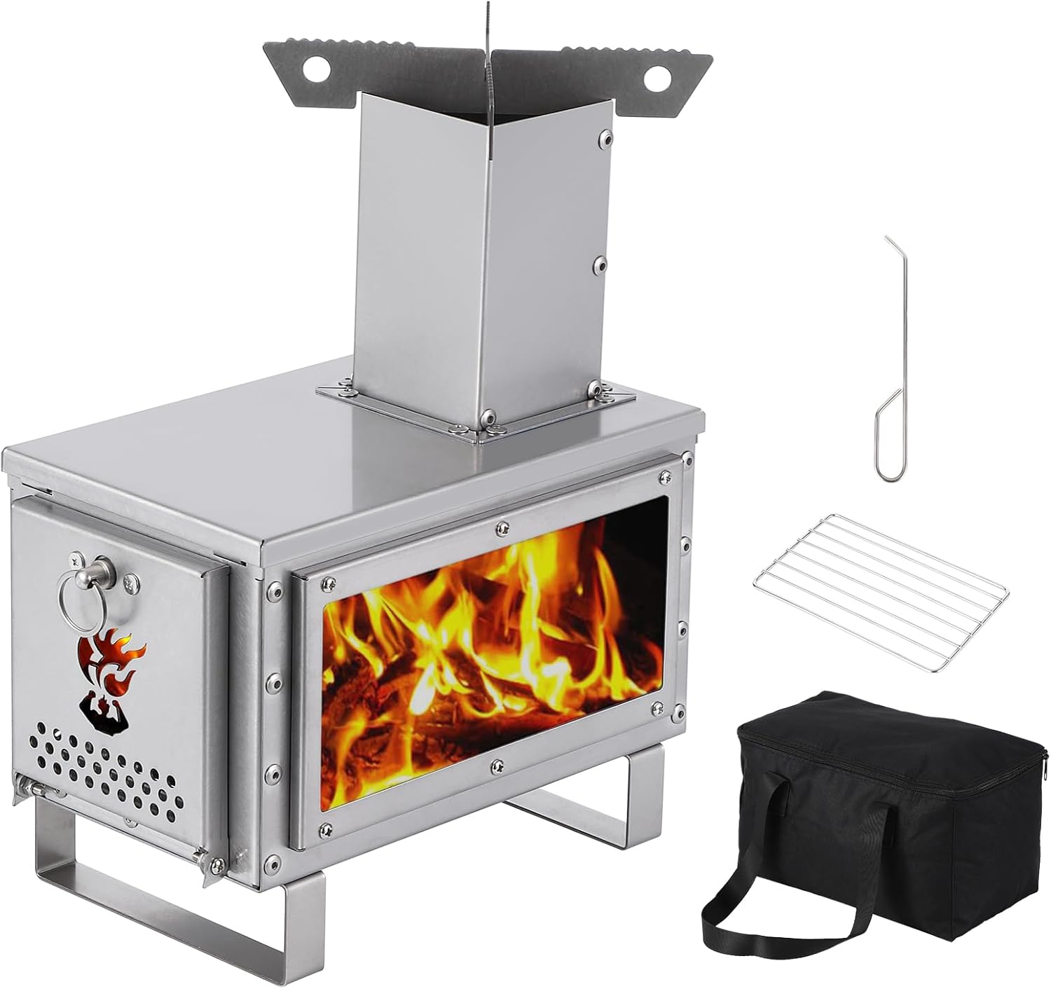 ロケットストーブ 薪ストーブ ステンレス製 折りたたみ式 小型 軽量 耐熱ガラス窓付き - 画像 (9)