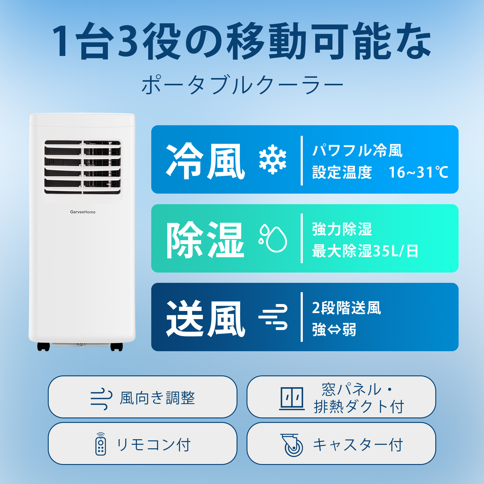 スポットクーラー 移動式 エアコン 工事不要 ポータブルクーラー スポットエアコン 冷風 除湿 送風 ノンドレン ポータブルエアコン 7-10畳 2.2KW リモコン付き 日本語取扱書付き - 画像 (2)