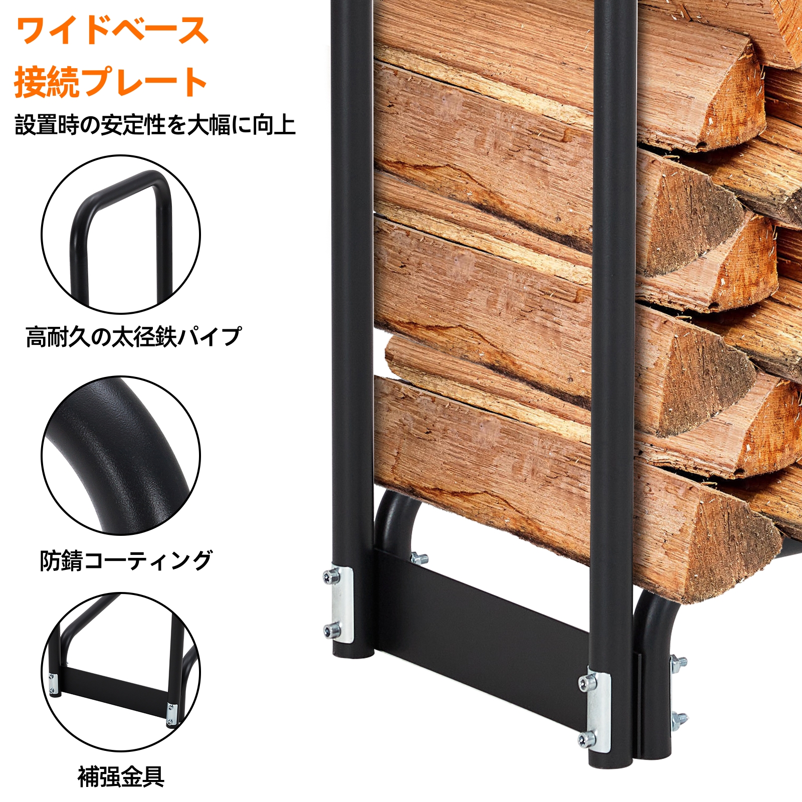 薪ラック ログラック 1m/2m 薪棚 屋外 薪置き 防水カバー付き 組立簡単 頑丈 ブラック - 画像 (5)