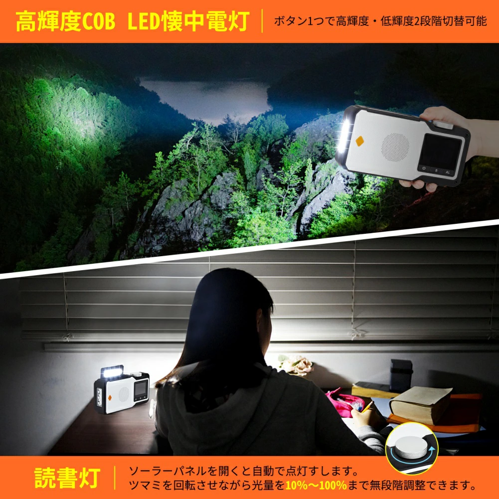 多機能防災ラジオ 自動選局 5000mAh LEDライト ソーラーラジオ AM/FM ラジオライト - 画像 (7)