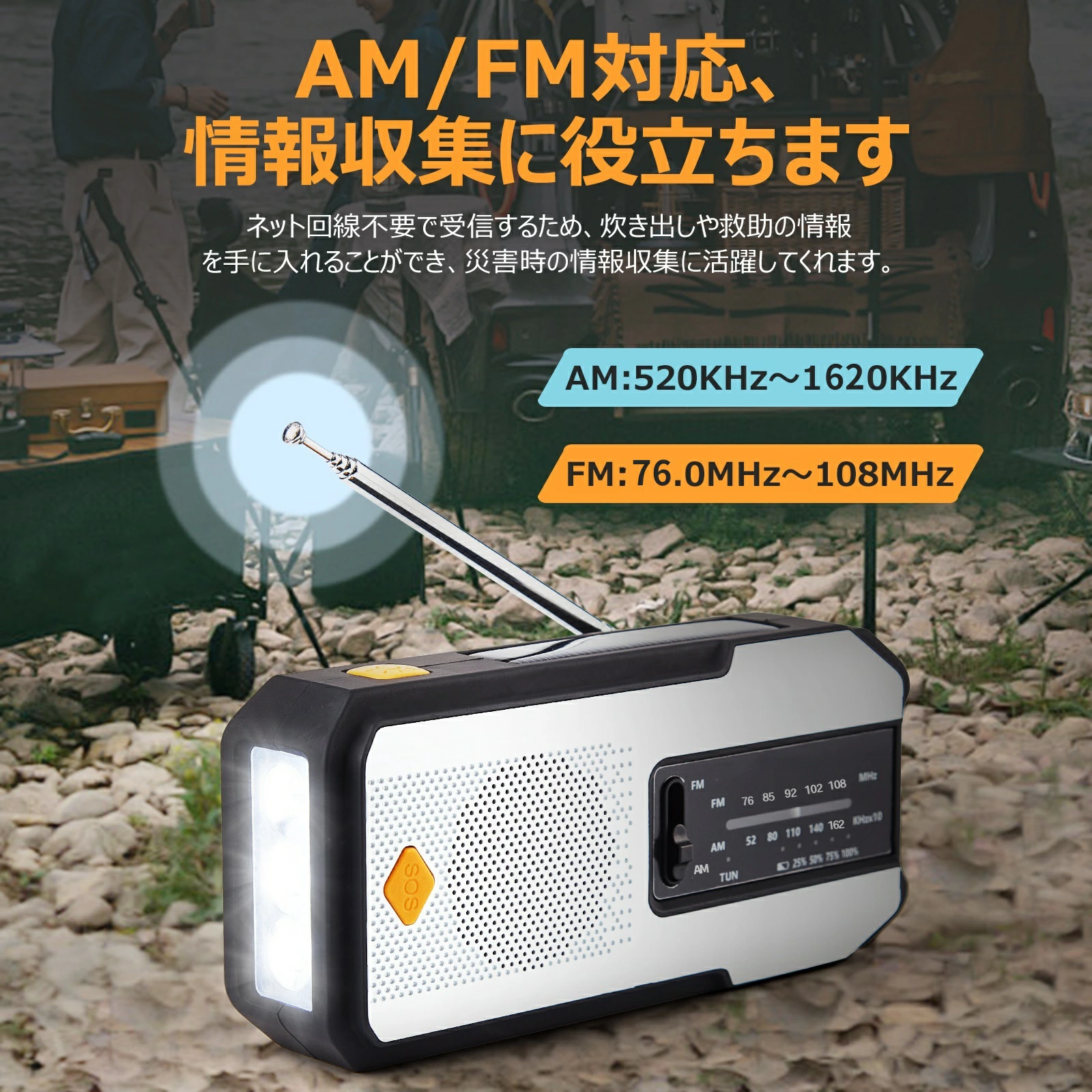 多機能防災ラジオ LEDライト ソーラーラジオ AM/FM SOS USB充電 スマホ充電 手回し 懐中電灯 防水 非常用 - 画像 (2)