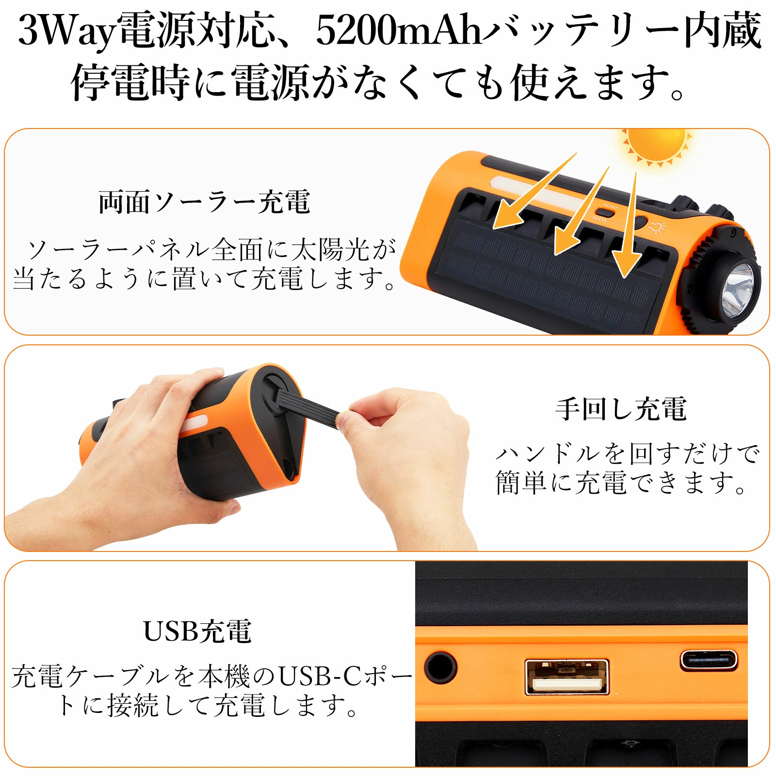 多機能防災ラジオ ソーラーラジオ 5200mAh LEDライト スマホ充電可能 AM/FM SOSアラート ソーラー充電 - 画像 (3)