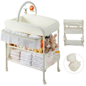 おむつ交換台 ベビーケアテーブル オムツ交換台 折りたたみ 3段階高さ調節 おもちゃラック付き 静音キャスター付き 大容量収納 持ち運び お手入れ簡単 新生児用 安全設計 簡単組立 出産ギフト ベージュ