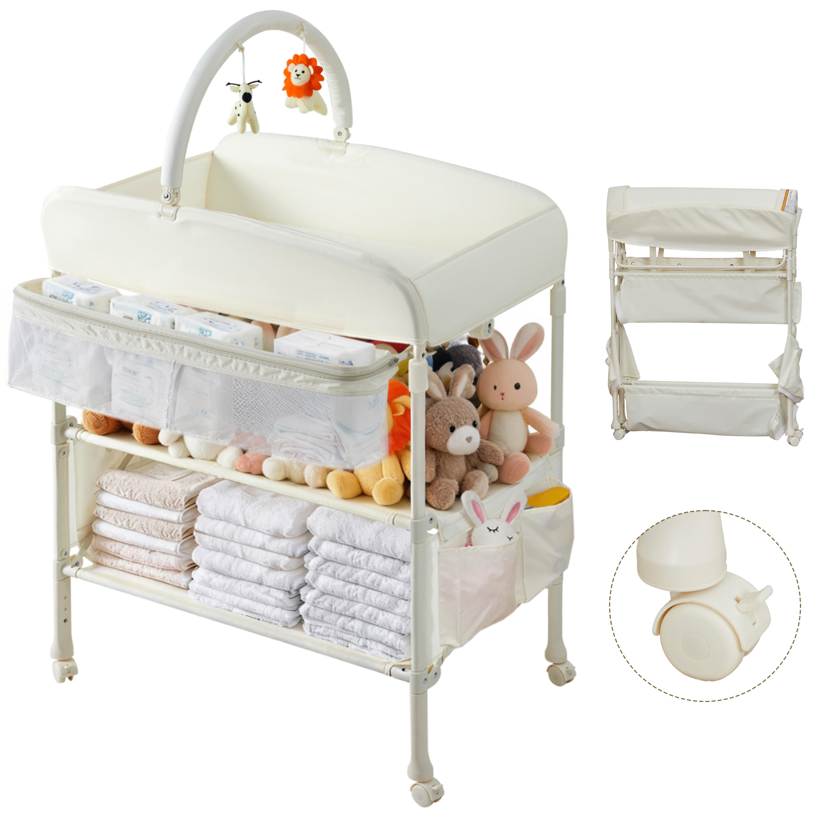 おむつ交換台 ベビーケアテーブル オムツ交換台 折りたたみ 3段階高さ調節 おもちゃラック付き 静音キャスター付き 大容量収納 持ち運び お手入れ簡単 新生児用 安全設計 簡単組立 出産ギフト ベージュ