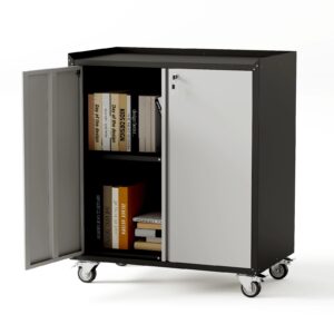 スチールキャビネット 引戸書庫 棚可動 両開き書庫 スチール書庫 キャスター付き 鍵付き 幅900×奥行460×高さ770mm