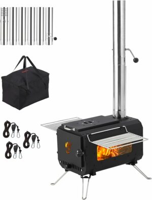 薪ストーブ 折りたたみ 軽量 ウード暖炉 耐熱ガラス・ダンパー付煙突・スパークアレスター テントストーブ コンパクト 組立簡単 薪暖炉 テント用 キャンプ