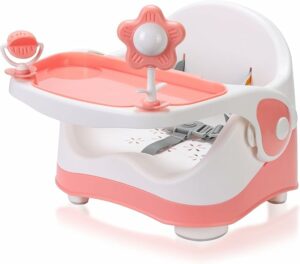 ベビーチェア ベビーローチェア 高さ3段階調節 2段テーブル付き 3点式ベルト 6カ月～4歳対象 軽量 持ち便利 ダイニングチェア用 人気 出産祝い ギフト グレー/ピンク