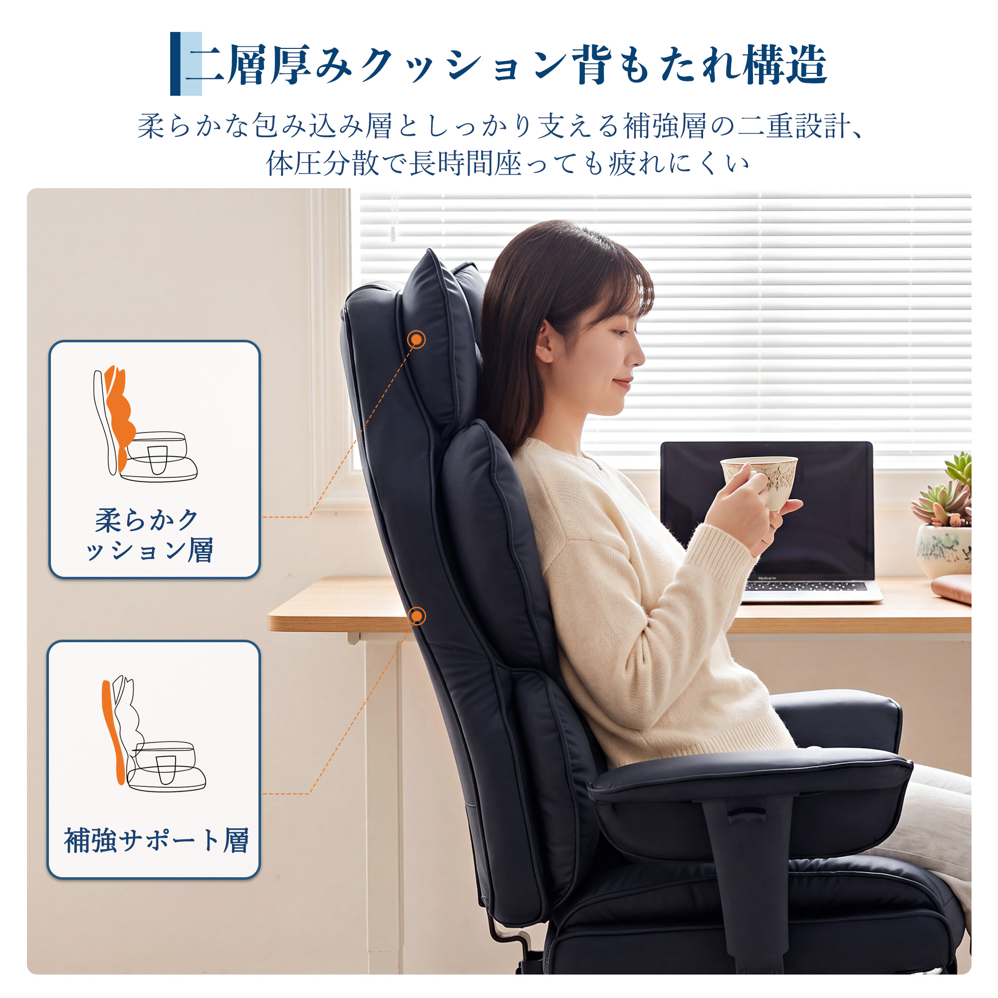 GARVEE オフィスチェア レザー クッション リクライニング 回転 ゲーミングチェア 収納可能オットマン 肉厚クッション ポケットコイル 広幅座面 - 画像 (5)
