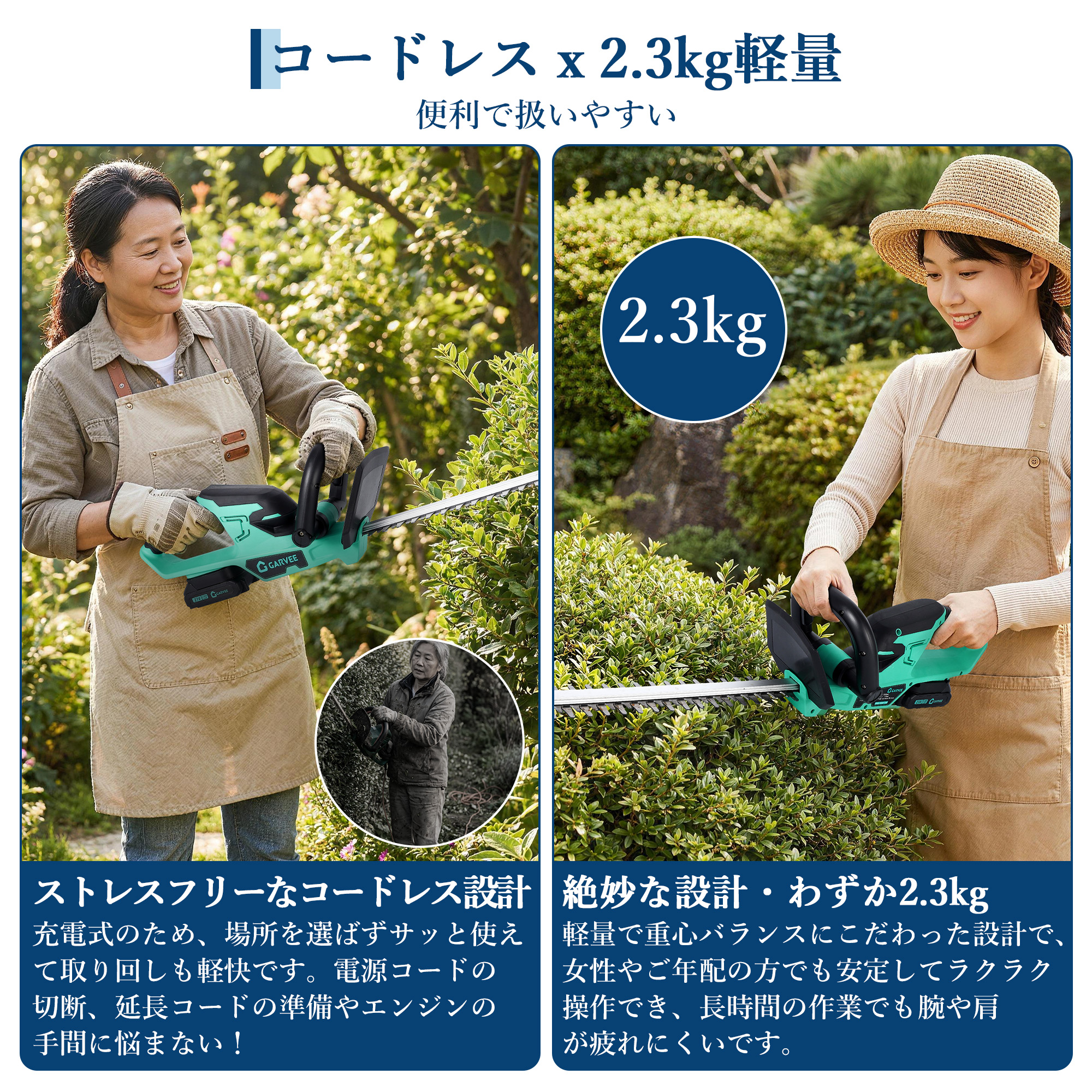 GARVEE ヘッジトリマー 充電式 草刈り 草刈り機 芝刈り機 芝生バリカン 枝切りトリマー ノコギリ 電動 - 画像 (3)